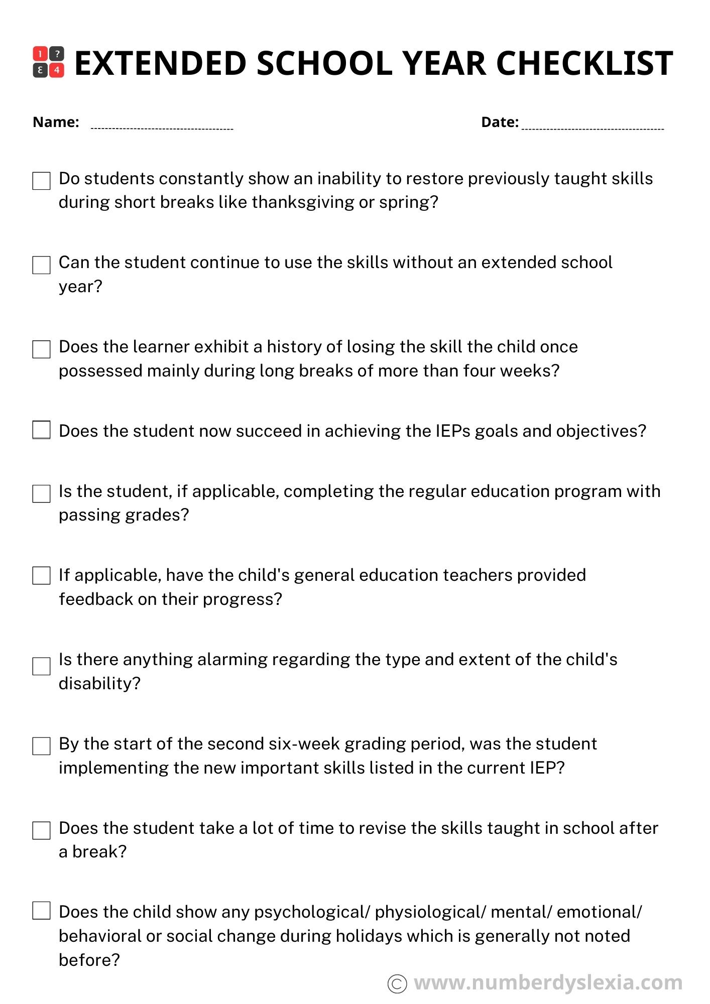Printable Extended School Year Checklist PDF Included Number Dyslexia