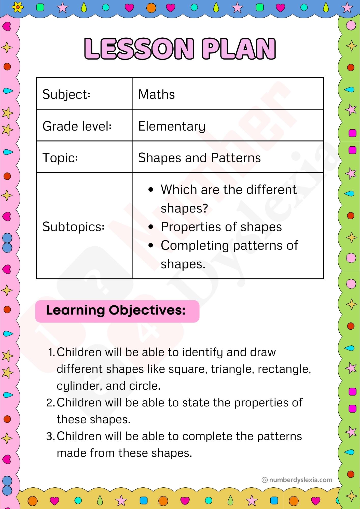 Printable Elementary Grade Shape And Pattern Lesson Plan PDF Included