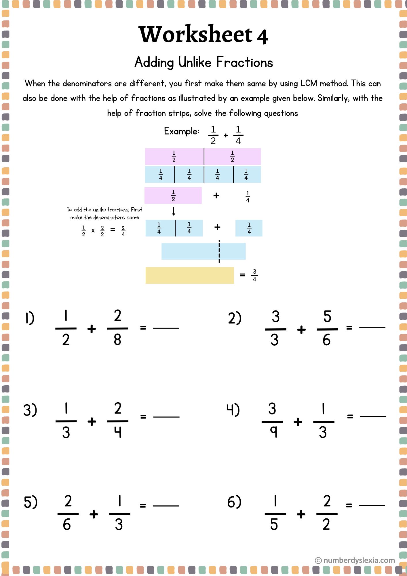 Printable Fraction Strips Worksheets PDF Included Number Dyslexia