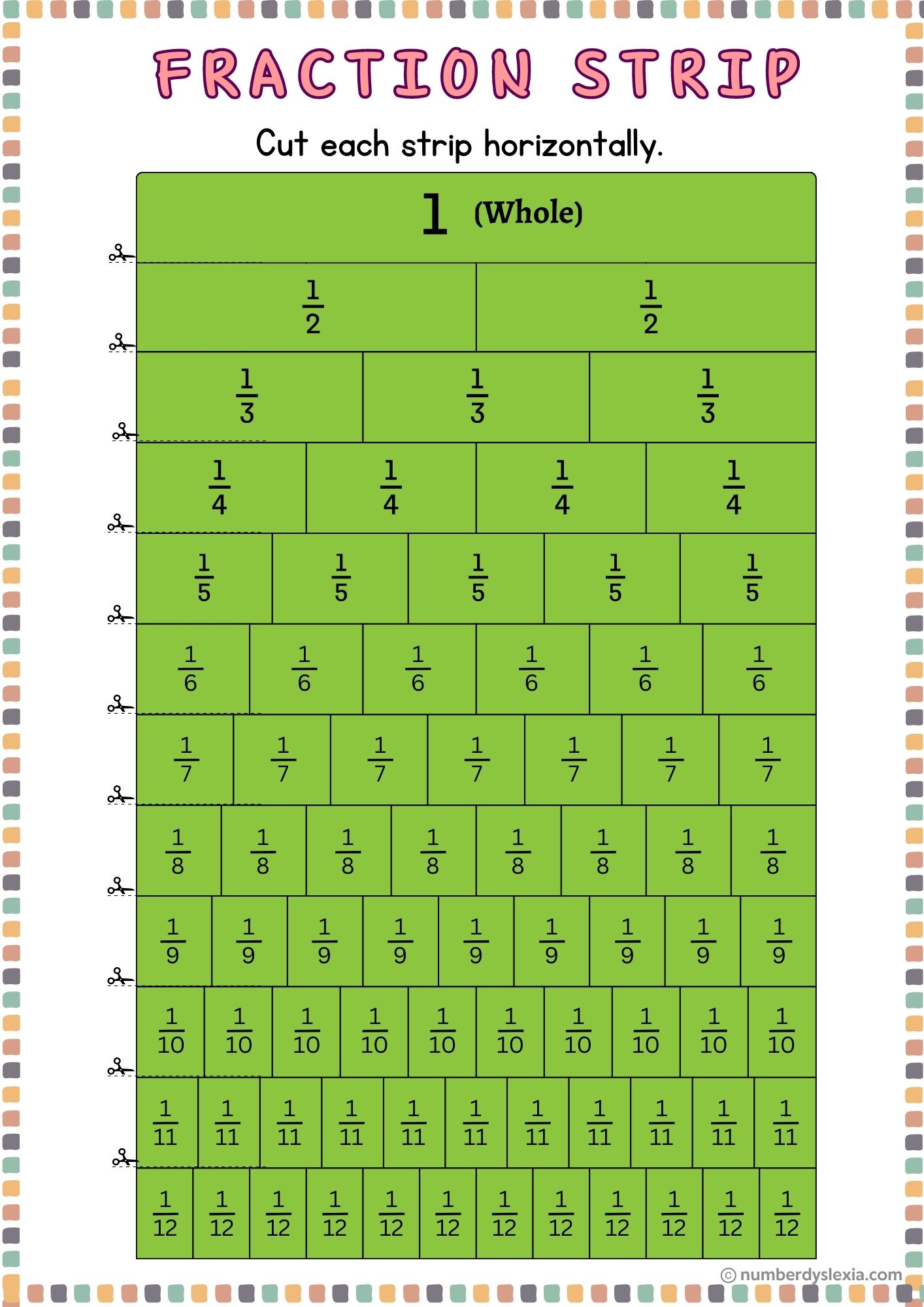 Printable Fraction Strips Worksheets PDF Included Number Dyslexia