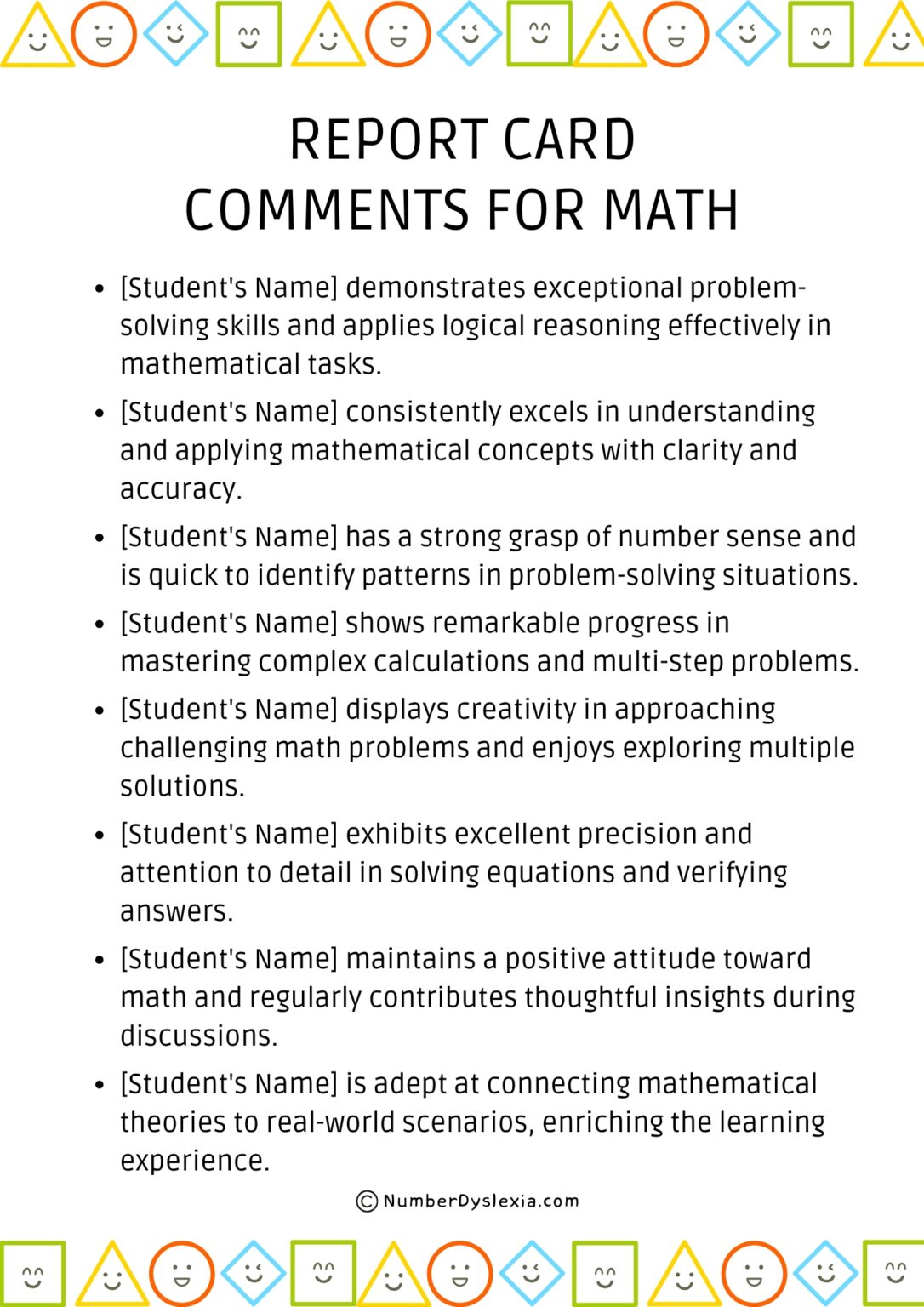 120 Report Card Comments For Maths [PDF Included] - Number Dyslexia
