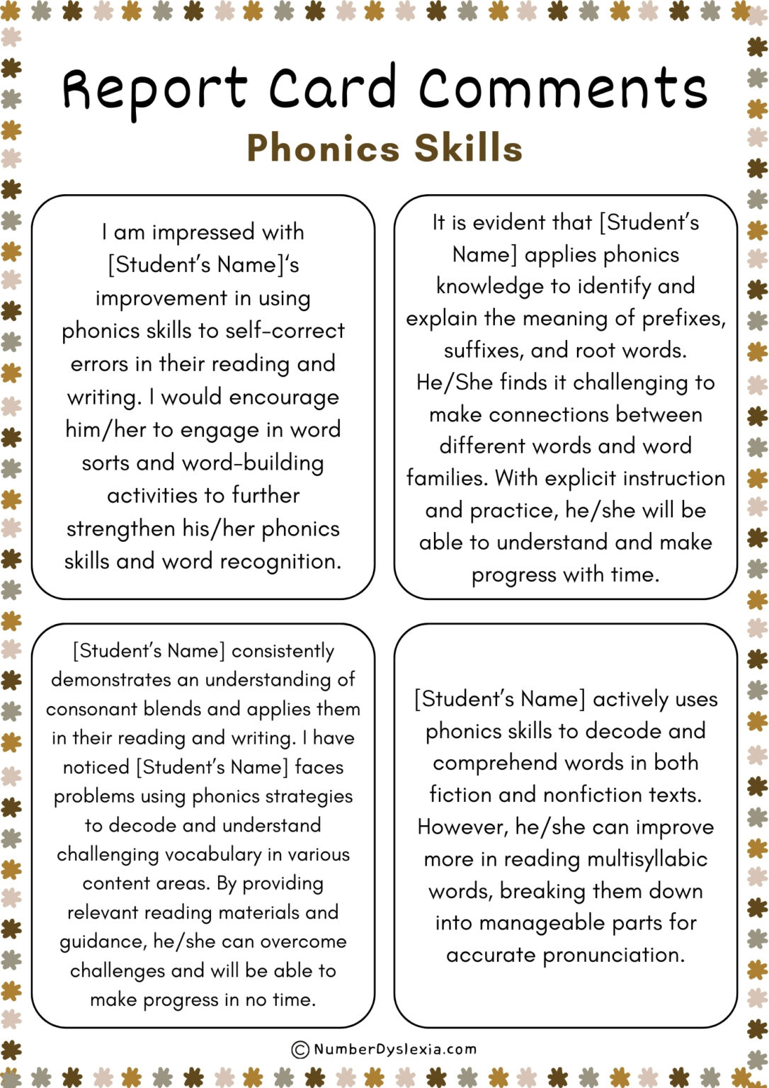 120 Report Card Comments For Phonics Skills [PDF Included] - Number ...