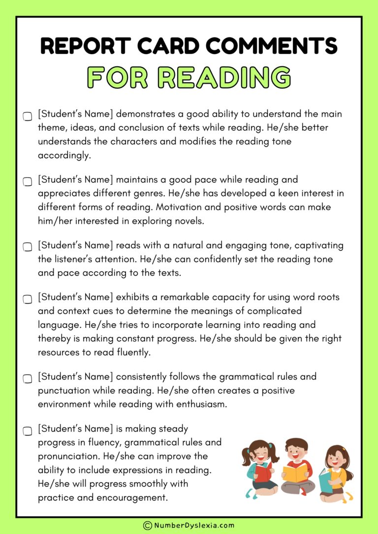 60 Report Card Comments For Reading [PDF Included] - Number Dyslexia