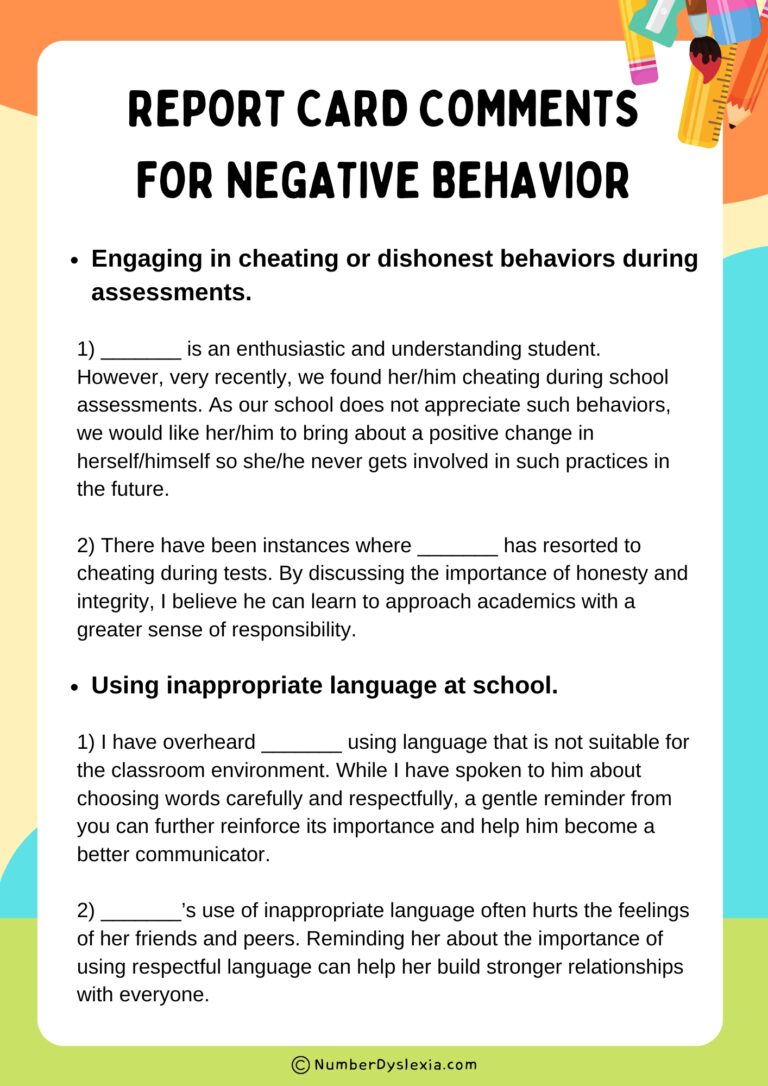20 Negative Behavior Comments Examples for Report Card - Number Dyslexia