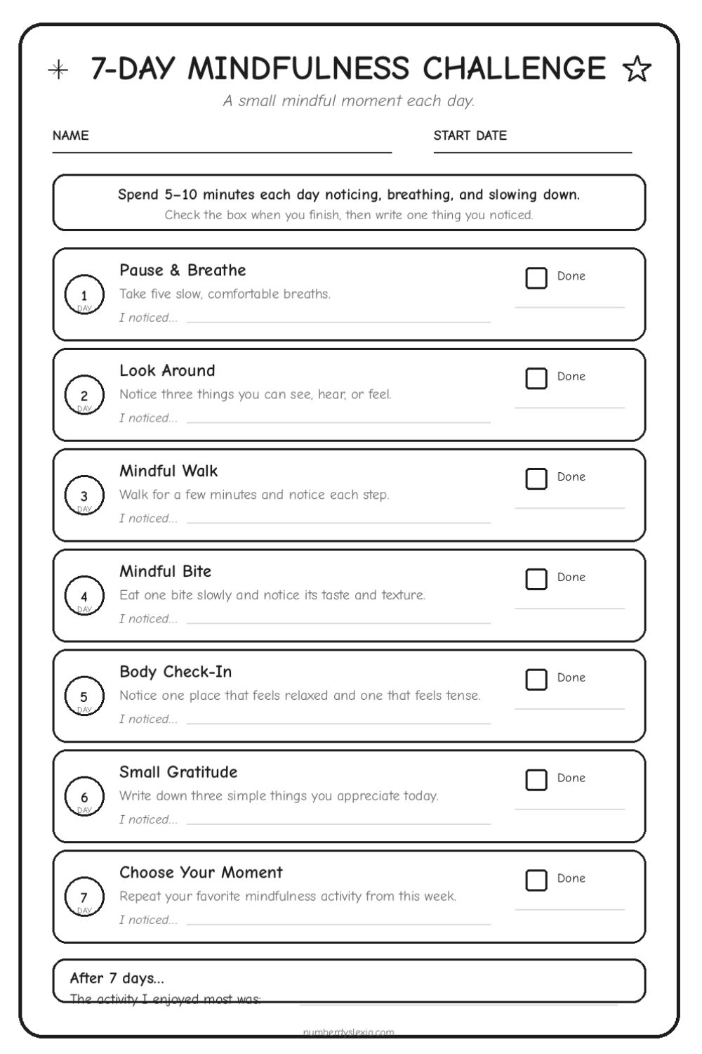 7-Day Mindfulness Challenge Worksheet