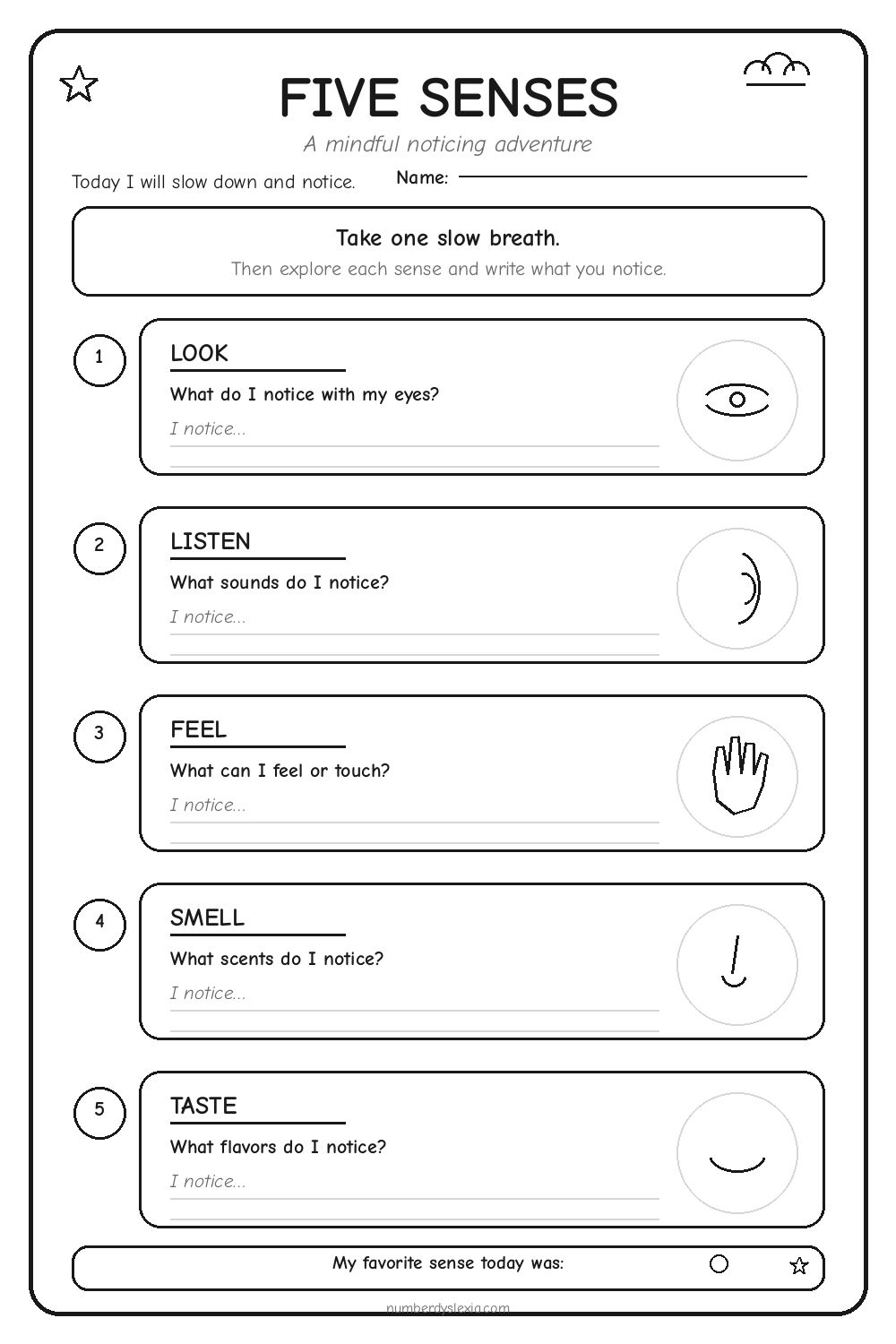 Five Senses Mindfulness Worksheet