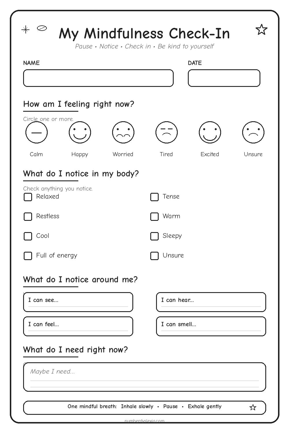 My Mindfulness Check-In Worksheet
