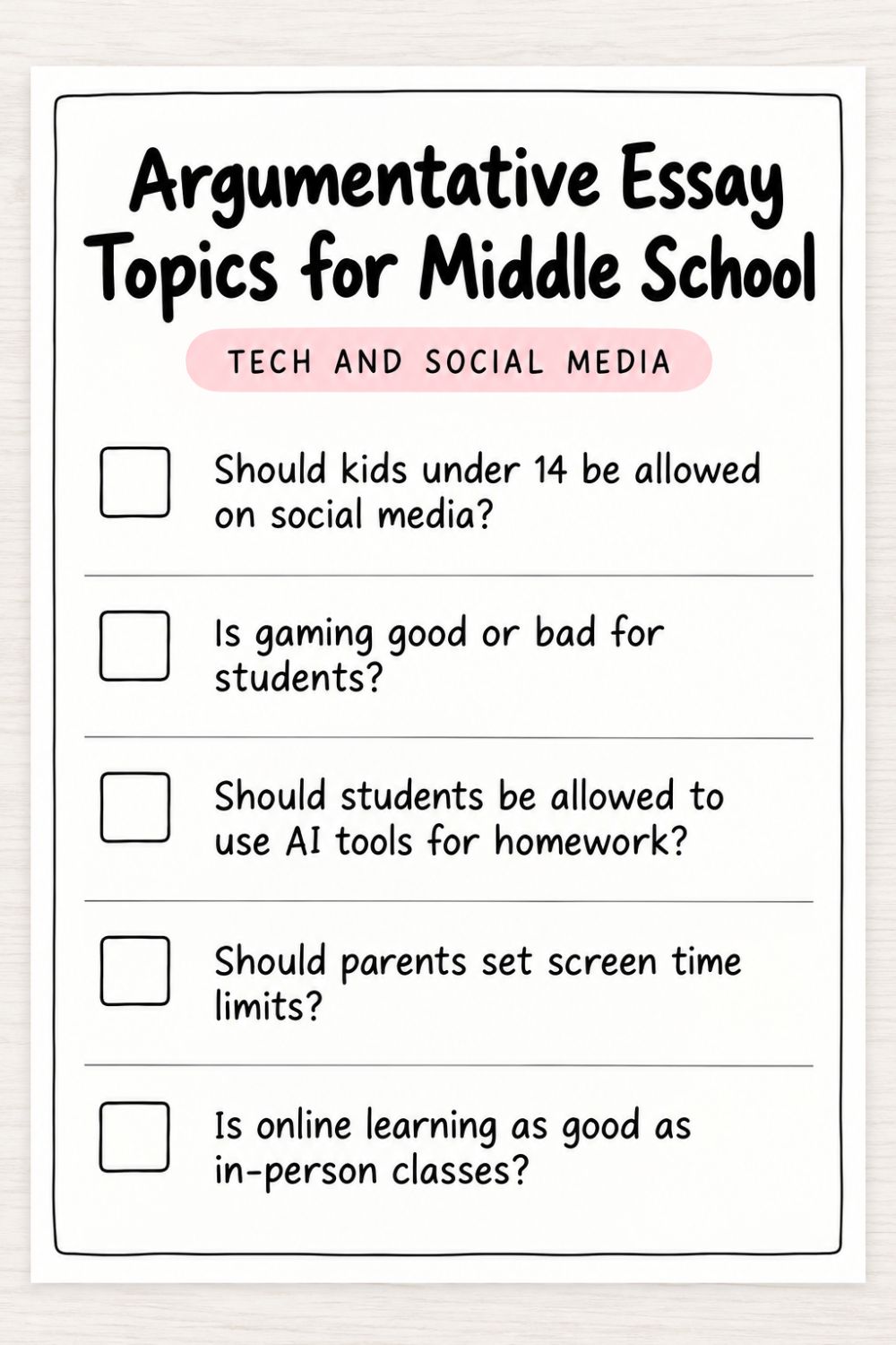 Printable Argumentative Essay Topics for Middle School