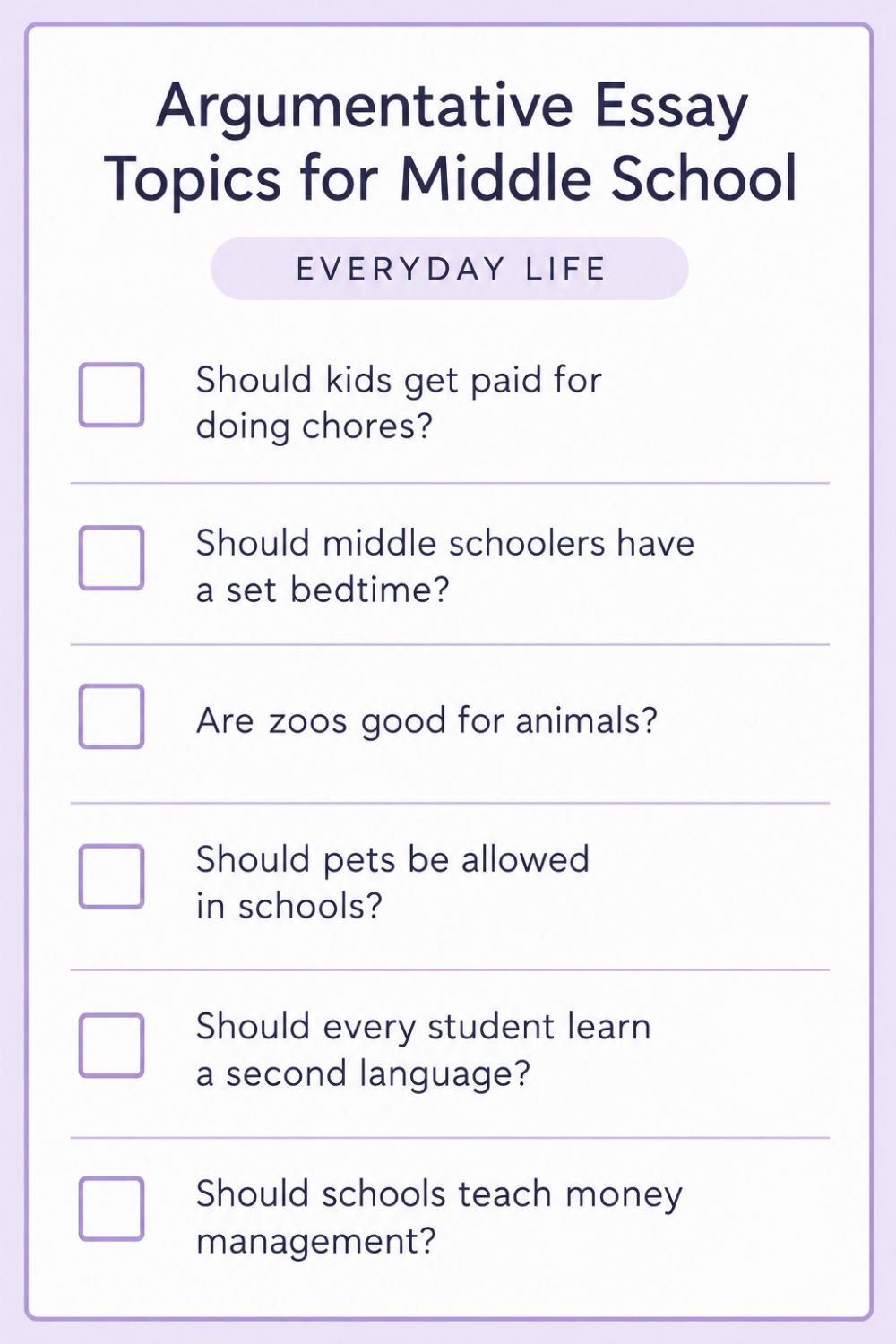 Printable Argumentative Essay Topics for Middle School