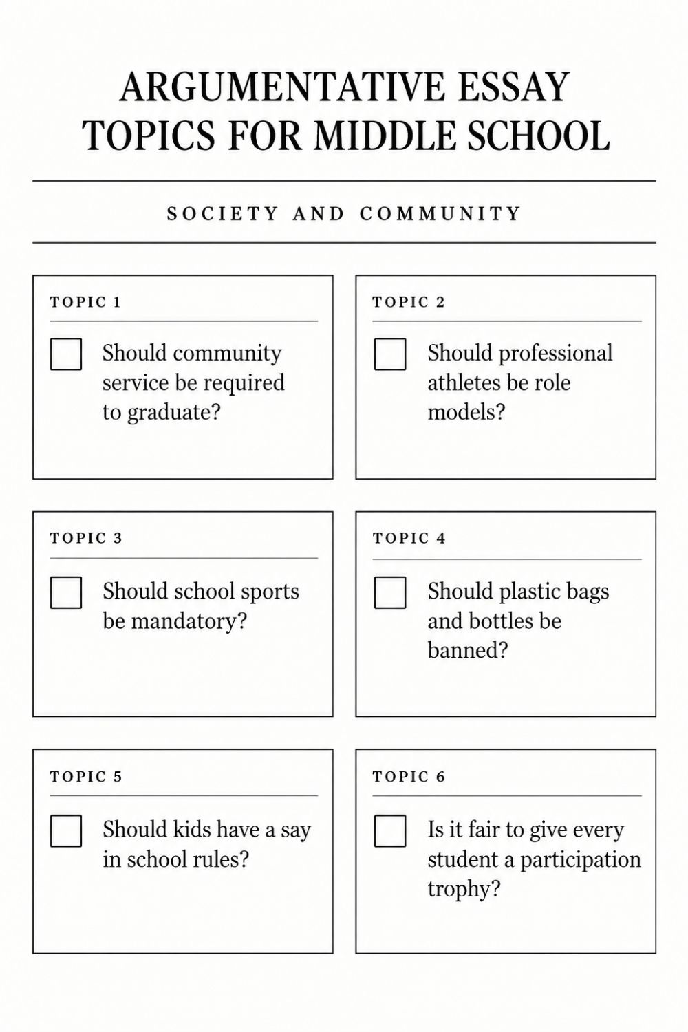 Printable Argumentative Essay Topics for Middle School