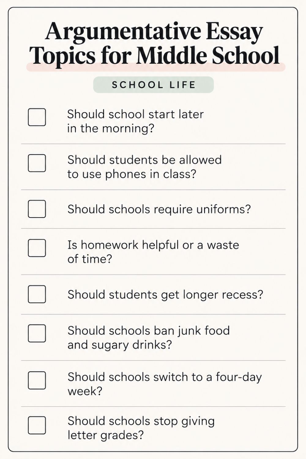 Printable Argumentative Essay Topics for Middle School