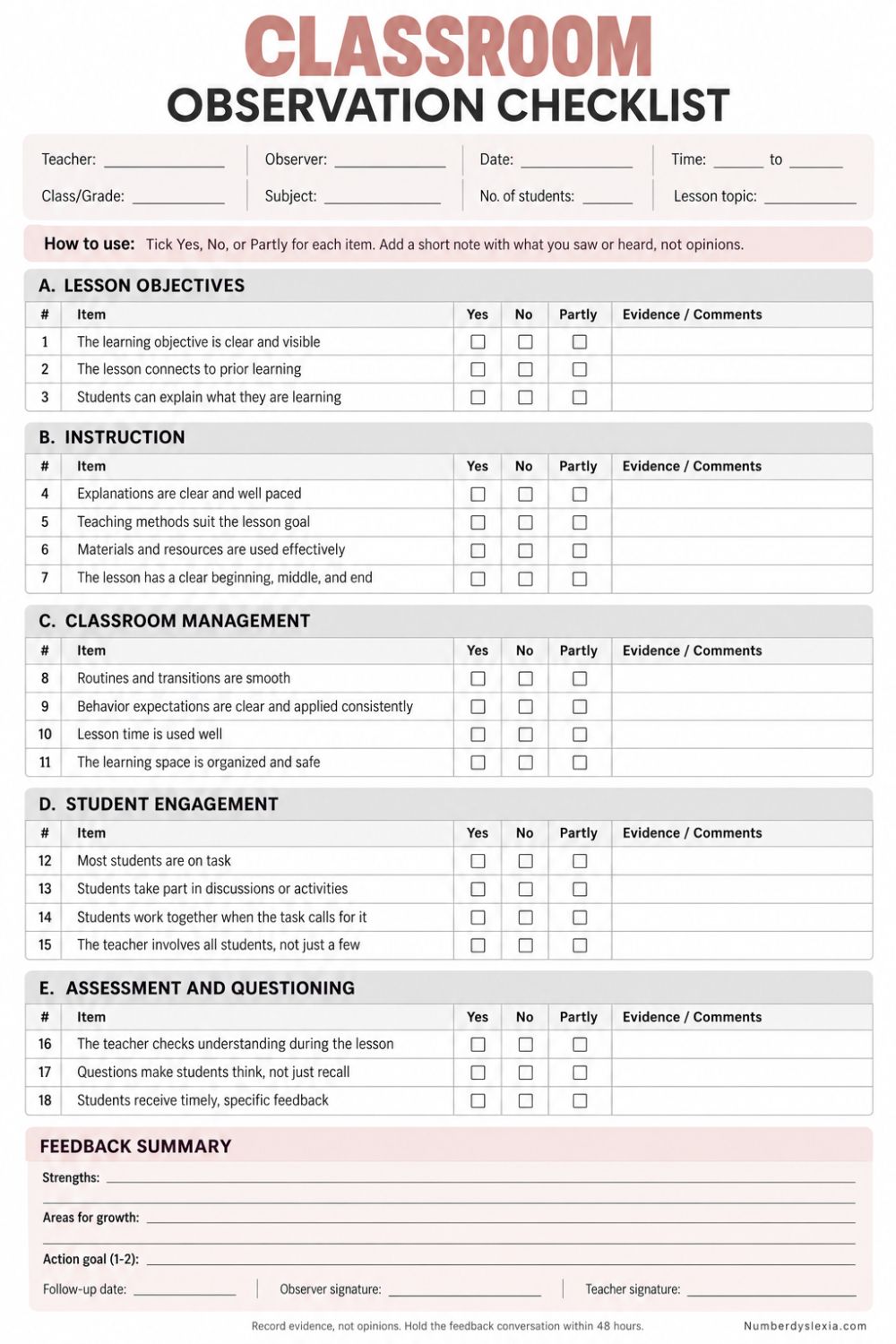 Classroom observation template